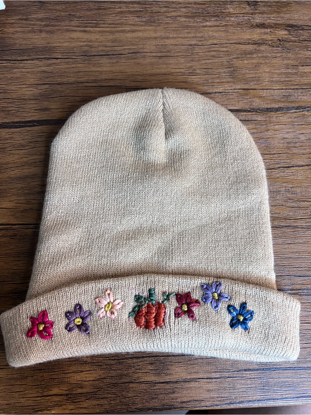 Tan Knit Hand Embroidered Pumpkin and Flower Beanie Hat